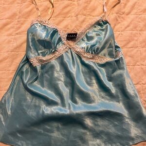 Blue Satin Lace Trim Camisole
